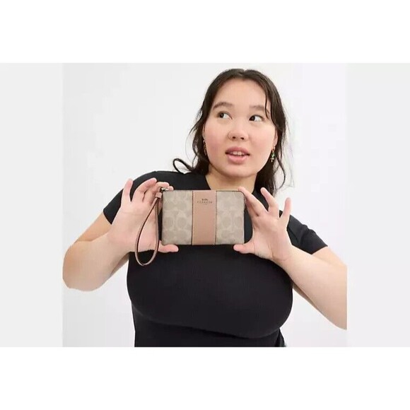 Coach Corner Zip Wristlet in Signature Canvas with Stripe Silver Sand Taupe - Picture 6 of 7